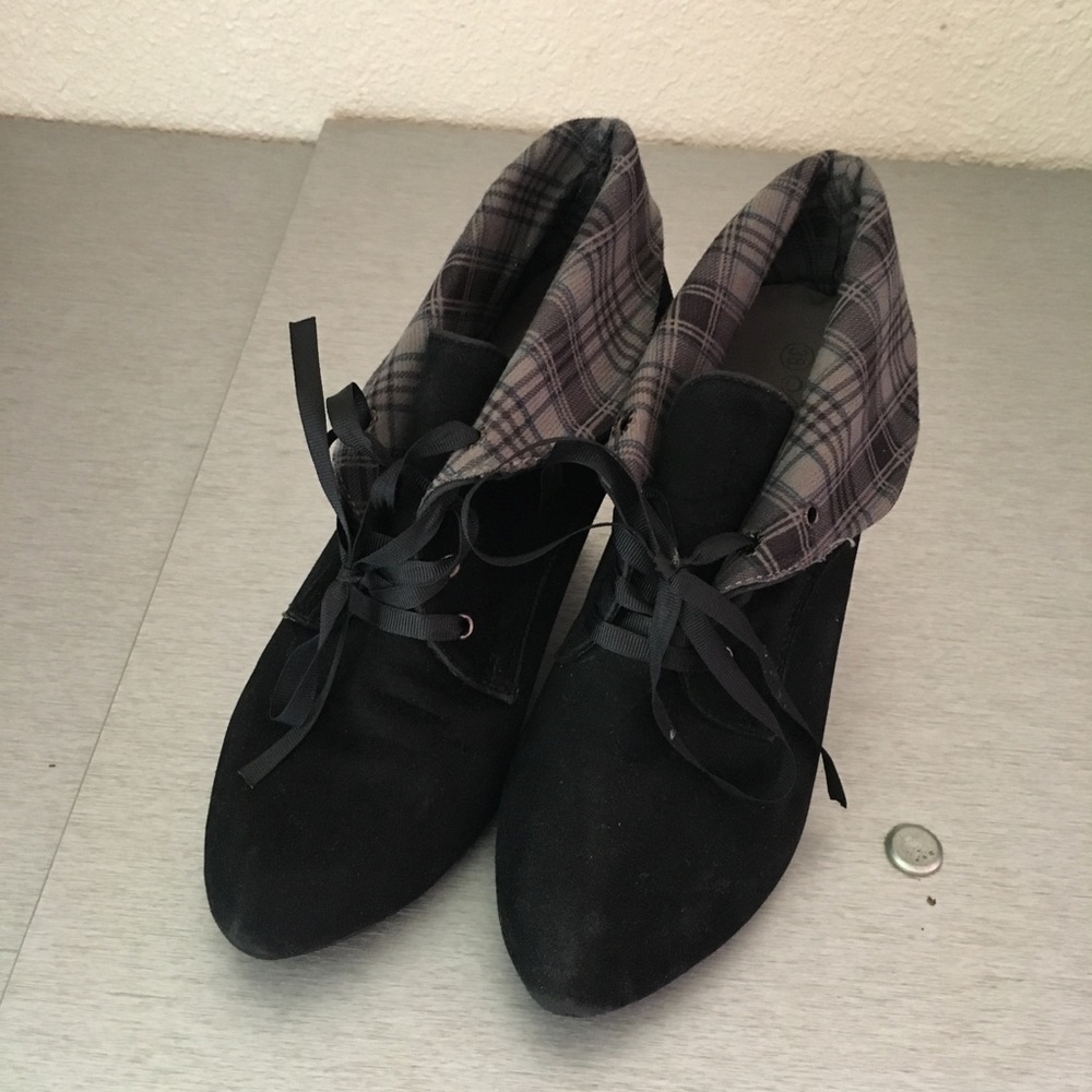 Plaid Suede Lace-Up Ankle Booties | Black & Gray Wedge Heels | Mengziniao - Picture 3 of 4